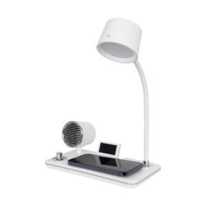 GLOBOSTAR® OLDY 76557 Μοντέρνο Επιτραπέζιο Φωτιστικό Γραφείου με Ασύρματη Φόρτιση 15W 3A, 5W Bluetooth Ηχείο & Ψηφιακό Ρολόι LED 3W 300lm 120° DC 5V με USB-C IP20 Ρυθμιζόμενο Λευκό CCT με Αφή 2700K/4500K/6000K Dimmable – Sanan SMD Chip – Λευκό – Μ13 x Π25 x Υ43cm – 2 Χρόνια Εγγύηση