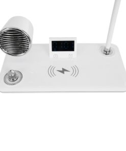 GLOBOSTAR® OLDY 76557 Μοντέρνο Επιτραπέζιο Φωτιστικό Γραφείου με Ασύρματη Φόρτιση 15W 3A, 5W Bluetooth Ηχείο & Ψηφιακό Ρολόι LED 3W 300lm 120° DC 5V με USB-C IP20 Ρυθμιζόμενο Λευκό CCT με Αφή 2700K/4500K/6000K Dimmable – Sanan SMD Chip – Λευκό – Μ13 x Π25 x Υ43cm – 2 Χρόνια Εγγύηση