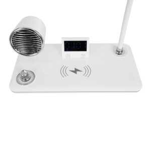 GLOBOSTAR® OLDY 76557 Μοντέρνο Επιτραπέζιο Φωτιστικό Γραφείου με Ασύρματη Φόρτιση 15W 3A, 5W Bluetooth Ηχείο & Ψηφιακό Ρολόι LED 3W 300lm 120° DC 5V με USB-C IP20 Ρυθμιζόμενο Λευκό CCT με Αφή 2700K/4500K/6000K Dimmable – Sanan SMD Chip – Λευκό – Μ13 x Π25 x Υ43cm – 2 Χρόνια Εγγύηση