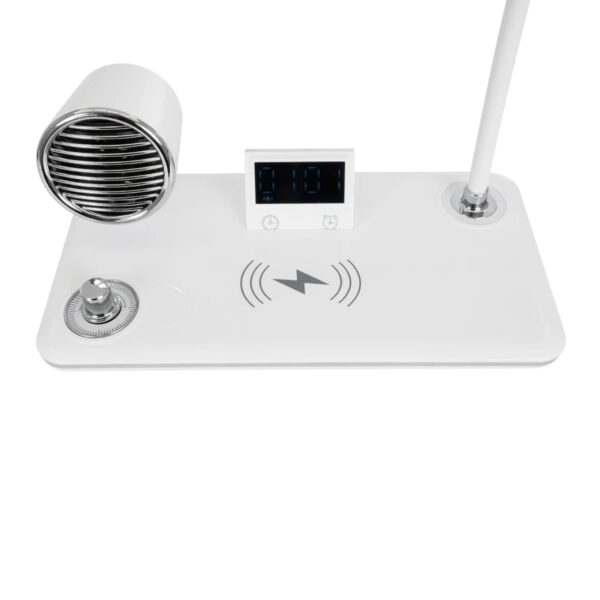 GLOBOSTAR® OLDY 76557 Μοντέρνο Επιτραπέζιο Φωτιστικό Γραφείου με Ασύρματη Φόρτιση 15W 3A, 5W Bluetooth Ηχείο & Ψηφιακό Ρολόι LED 3W 300lm 120° DC 5V με USB-C IP20 Ρυθμιζόμενο Λευκό CCT με Αφή 2700K/4500K/6000K Dimmable – Sanan SMD Chip – Λευκό – Μ13 x Π25 x Υ43cm – 2 Χρόνια Εγγύηση