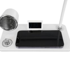 GLOBOSTAR® OLDY 76557 Μοντέρνο Επιτραπέζιο Φωτιστικό Γραφείου με Ασύρματη Φόρτιση 15W 3A, 5W Bluetooth Ηχείο & Ψηφιακό Ρολόι LED 3W 300lm 120° DC 5V με USB-C IP20 Ρυθμιζόμενο Λευκό CCT με Αφή 2700K/4500K/6000K Dimmable – Sanan SMD Chip – Λευκό – Μ13 x Π25 x Υ43cm – 2 Χρόνια Εγγύηση