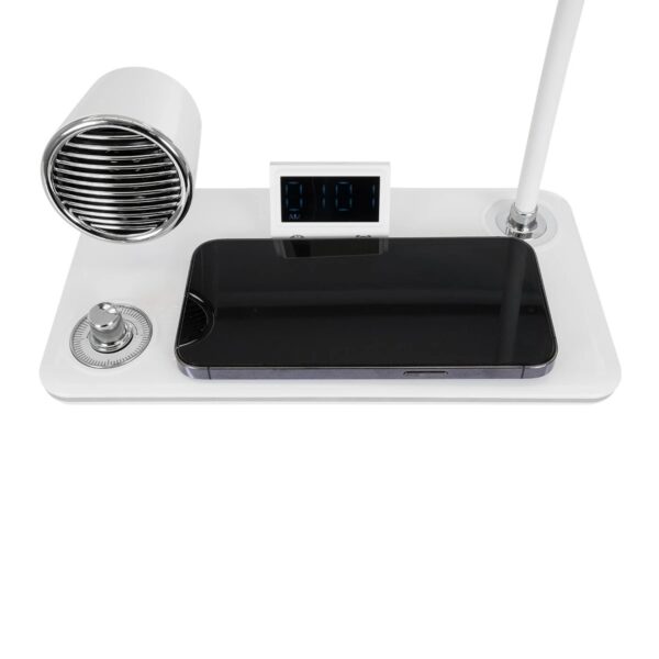 GLOBOSTAR® OLDY 76557 Μοντέρνο Επιτραπέζιο Φωτιστικό Γραφείου με Ασύρματη Φόρτιση 15W 3A, 5W Bluetooth Ηχείο & Ψηφιακό Ρολόι LED 3W 300lm 120° DC 5V με USB-C IP20 Ρυθμιζόμενο Λευκό CCT με Αφή 2700K/4500K/6000K Dimmable – Sanan SMD Chip – Λευκό – Μ13 x Π25 x Υ43cm – 2 Χρόνια Εγγύηση