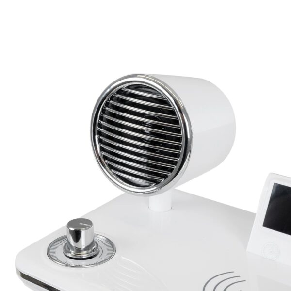 GLOBOSTAR® OLDY 76557 Μοντέρνο Επιτραπέζιο Φωτιστικό Γραφείου με Ασύρματη Φόρτιση 15W 3A, 5W Bluetooth Ηχείο & Ψηφιακό Ρολόι LED 3W 300lm 120° DC 5V με USB-C IP20 Ρυθμιζόμενο Λευκό CCT με Αφή 2700K/4500K/6000K Dimmable – Sanan SMD Chip – Λευκό – Μ13 x Π25 x Υ43cm – 2 Χρόνια Εγγύηση