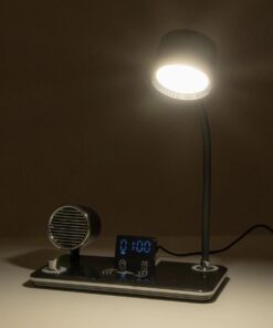 GLOBOSTAR® OLDY 76563 Μοντέρνο Επιτραπέζιο Φωτιστικό Γραφείου με Ασύρματη Φόρτιση 15W 3A, 5W Bluetooth Ηχείο & Ψηφιακό Ρολόι LED 3W 300lm 120° DC 5V με USB-C IP20 Ρυθμιζόμενο Λευκό CCT με Αφή 2700K/4500K/6000K Dimmable – Sanan SMD Chip – Μαύρο – Μ13 x Π25 x Υ43cm – 2 Χρόνια Εγγύηση