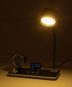 GLOBOSTAR® OLDY 76563 Μοντέρνο Επιτραπέζιο Φωτιστικό Γραφείου με Ασύρματη Φόρτιση 15W 3A, 5W Bluetooth Ηχείο & Ψηφιακό Ρολόι LED 3W 300lm 120° DC 5V με USB-C IP20 Ρυθμιζόμενο Λευκό CCT με Αφή 2700K/4500K/6000K Dimmable – Sanan SMD Chip – Μαύρο – Μ13 x Π25 x Υ43cm – 2 Χρόνια Εγγύηση