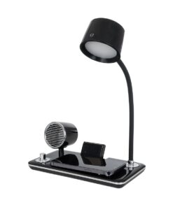 GLOBOSTAR® OLDY 76563 Μοντέρνο Επιτραπέζιο Φωτιστικό Γραφείου με Ασύρματη Φόρτιση 15W 3A, 5W Bluetooth Ηχείο & Ψηφιακό Ρολόι LED 3W 300lm 120° DC 5V με USB-C IP20 Ρυθμιζόμενο Λευκό CCT με Αφή 2700K/4500K/6000K Dimmable – Sanan SMD Chip – Μαύρο – Μ13 x Π25 x Υ43cm – 2 Χρόνια Εγγύηση