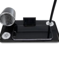GLOBOSTAR® OLDY 76563 Μοντέρνο Επιτραπέζιο Φωτιστικό Γραφείου με Ασύρματη Φόρτιση 15W 3A, 5W Bluetooth Ηχείο & Ψηφιακό Ρολόι LED 3W 300lm 120° DC 5V με USB-C IP20 Ρυθμιζόμενο Λευκό CCT με Αφή 2700K/4500K/6000K Dimmable – Sanan SMD Chip – Μαύρο – Μ13 x Π25 x Υ43cm – 2 Χρόνια Εγγύηση