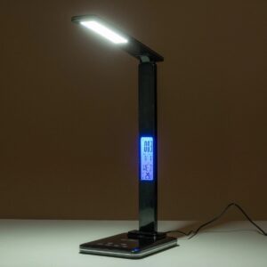 GLOBOSTAR® ZENTIME 76564 Μοντέρνο Επιτραπέζιο Φωτιστικό Γραφείου με Ασύρματη Φόρτιση 10W 2A & Ψηφιακό Ρολόι LED 3.5W 350lm 120° DC 5V με USB-C IP20 Ρυθμιζόμενο Λευκό CCT με Αφή 2700K/4500K/6000K Dimmable – Sanan SMD Chip – Μαύρο – Μ18 x Π12 x Υ40cm – 2 Χρόνια Εγγύηση