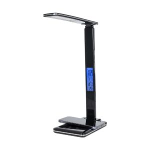 GLOBOSTAR® ZENTIME 76564 Μοντέρνο Επιτραπέζιο Φωτιστικό Γραφείου με Ασύρματη Φόρτιση 10W 2A & Ψηφιακό Ρολόι LED 3.5W 350lm 120° DC 5V με USB-C IP20 Ρυθμιζόμενο Λευκό CCT με Αφή 2700K/4500K/6000K Dimmable – Sanan SMD Chip – Μαύρο – Μ18 x Π12 x Υ40cm – 2 Χρόνια Εγγύηση