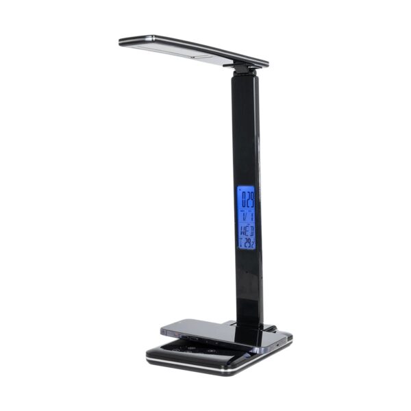 GLOBOSTAR® ZENTIME 76564 Μοντέρνο Επιτραπέζιο Φωτιστικό Γραφείου με Ασύρματη Φόρτιση 10W 2A & Ψηφιακό Ρολόι LED 3.5W 350lm 120° DC 5V με USB-C IP20 Ρυθμιζόμενο Λευκό CCT με Αφή 2700K/4500K/6000K Dimmable – Sanan SMD Chip – Μαύρο – Μ18 x Π12 x Υ40cm – 2 Χρόνια Εγγύηση