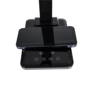 GLOBOSTAR® ZENTIME 76564 Μοντέρνο Επιτραπέζιο Φωτιστικό Γραφείου με Ασύρματη Φόρτιση 10W 2A & Ψηφιακό Ρολόι LED 3.5W 350lm 120° DC 5V με USB-C IP20 Ρυθμιζόμενο Λευκό CCT με Αφή 2700K/4500K/6000K Dimmable – Sanan SMD Chip – Μαύρο – Μ18 x Π12 x Υ40cm – 2 Χρόνια Εγγύηση