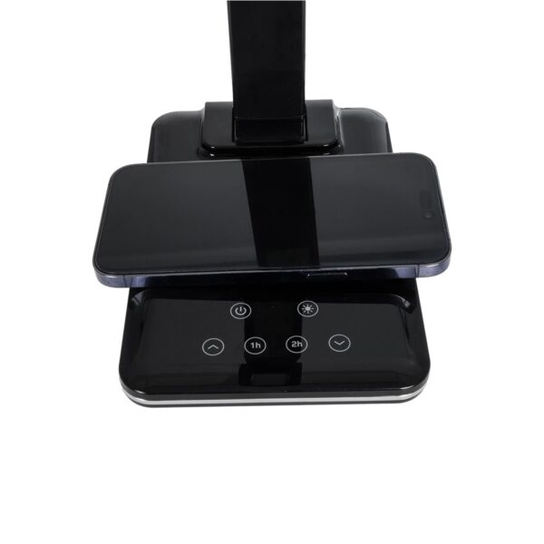 GLOBOSTAR® ZENTIME 76564 Μοντέρνο Επιτραπέζιο Φωτιστικό Γραφείου με Ασύρματη Φόρτιση 10W 2A & Ψηφιακό Ρολόι LED 3.5W 350lm 120° DC 5V με USB-C IP20 Ρυθμιζόμενο Λευκό CCT με Αφή 2700K/4500K/6000K Dimmable – Sanan SMD Chip – Μαύρο – Μ18 x Π12 x Υ40cm – 2 Χρόνια Εγγύηση