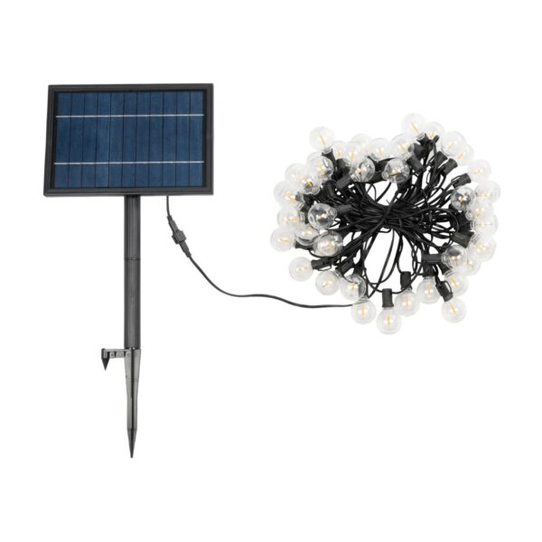 GLOBOSTAR® TWILIGHT 79669 Μοντέρνο Φωτιστικό Κήπου Γιρλάντα 14.5m με 50 Λάμπες LED 30W 2700lm 360° DC 3.6V με Ενσωματωμένο Φωτοβολταϊκό Panel 5.5V 5W & Επαναφορτιζόμενη Μπαταρία Li-ion 3.7V 3×18650 6600mAh Αδιάβροχο IP65 Θερμό Λευκό 2700Κ Dimmable – Sanan SMD Chip – Μαύρο & Διάφανο – Μ1450 x Π4 x Υ7cm – 2 Χρόνια Εγγύηση