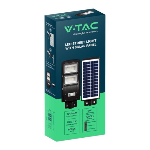 Ηλιακό Φωτιστικό Δρόμου Μαύρο LED 8W 1000lm Ψυχρό 6000K IP65 V-TAC με Τηλεχειριστήριο Dimmable – 98417
