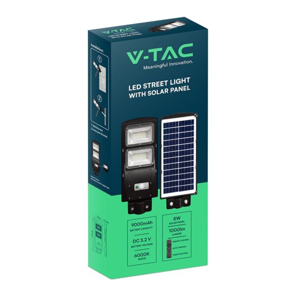 Ηλιακό Φωτιστικό Δρόμου Μαύρο LED 8W 1000lm Ψυχρό 6000K IP65 V-TAC με Τηλεχειριστήριο Dimmable – 98417