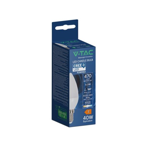 LED Λάμπα E14 Κερί V-TAC Cree Chip 4.5W 470lm Φυσικό Λευκό 4000K 6yrs Wty – 2111216
