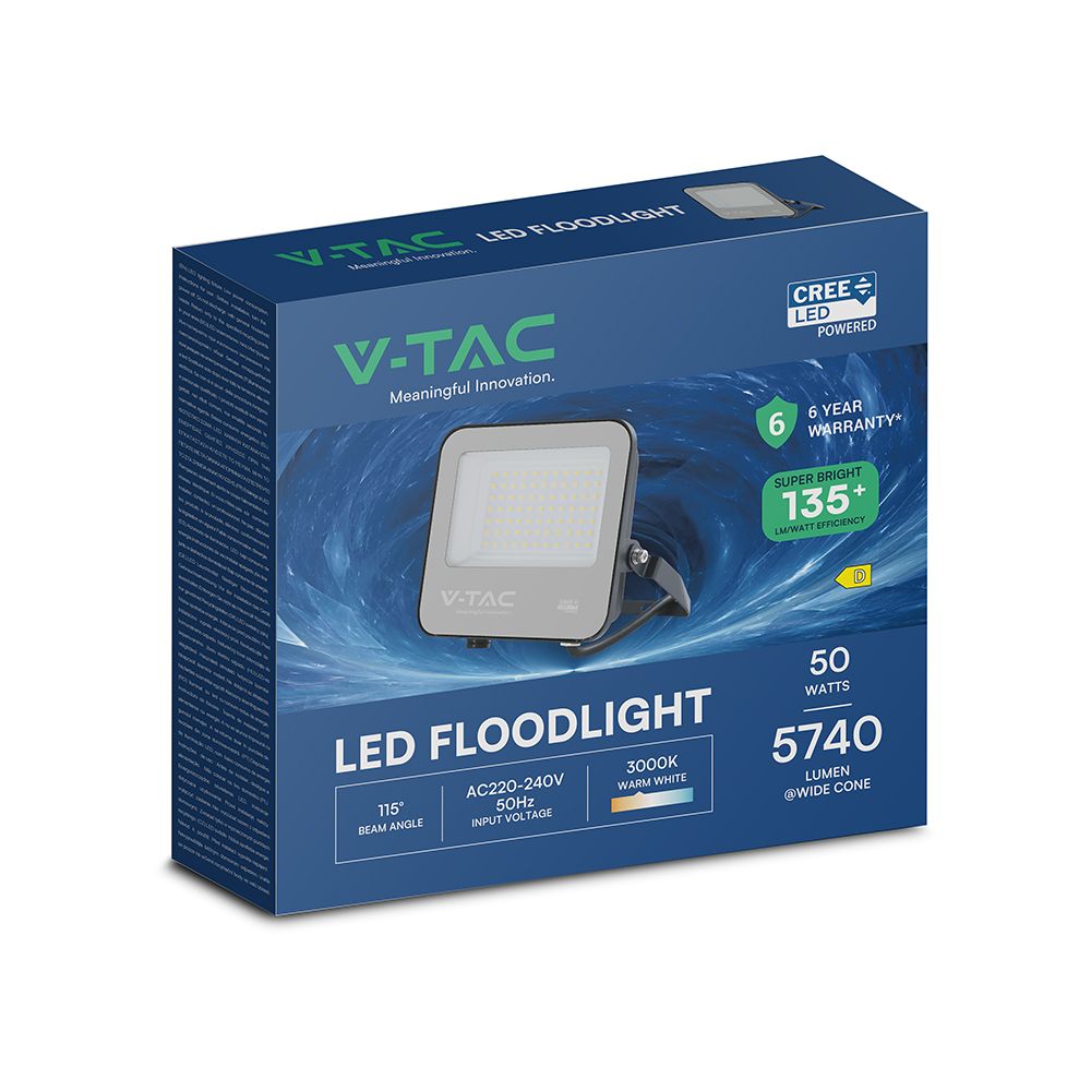 LED Προβολέας 50W Αδιάβροχος IP65 V-TAC Cree Chip Μαύρος 115° 5740lm Θερμό Λευκό 3000K 6yrs Wty – 231996