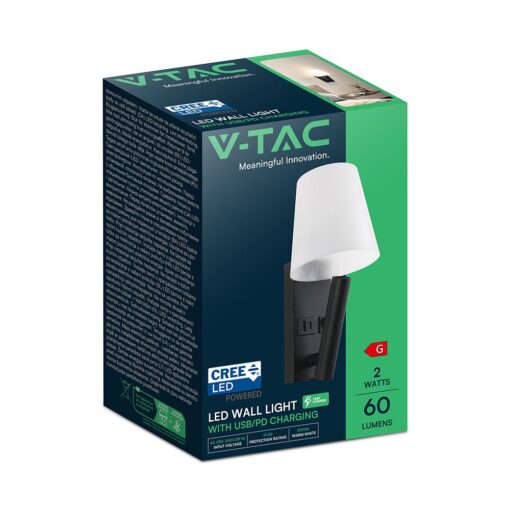 Φωτιστικό Τοίχου Κρεβατιού Ξενοδοχείου 2W LED CREE Chip Μαύρο Σώμα με Θύρες Φόρτισης USB 3000K  V-TAC – 240016