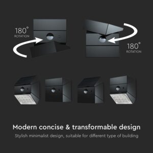 2.5W LED Ηλιακό Φωτιστικό Τοίχου Περιστρεφόμενο Μαύρο με Ανιχνευτή Κίνησης CCT IP65 V-TAC – 24096