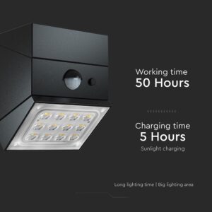 2.5W LED Ηλιακό Φωτιστικό Τοίχου Περιστρεφόμενο Μαύρο με Ανιχνευτή Κίνησης CCT IP65 V-TAC – 24096