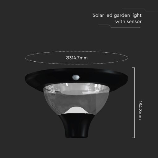 15W LED Ηλιακό Φωτιστικό Κορυφής για Κολωνάκι Φ60 Κήπου CCT Μαύρο IP65 με Ανιχνευτή Κίνησης V-TAC – 24098