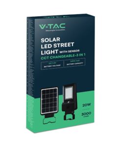 20W LED Ηλιακό Φωτιστικό Δρόμου 3000lm CCT Μαύρο IP65 με Ανιχνευτή Κίνησης & Αισθητήρας Φωτός V-TAC – 24099