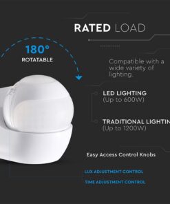 Επιτοίχιος Aνιχνευτής Kίνησης 180°/360° – IP44 Max 600W Λευκός V-TAC 24110VT