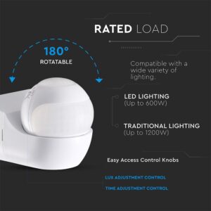 Επιτοίχιος Aνιχνευτής Kίνησης 180°/360° – IP44 Max 600W Λευκός V-TAC 24110VT