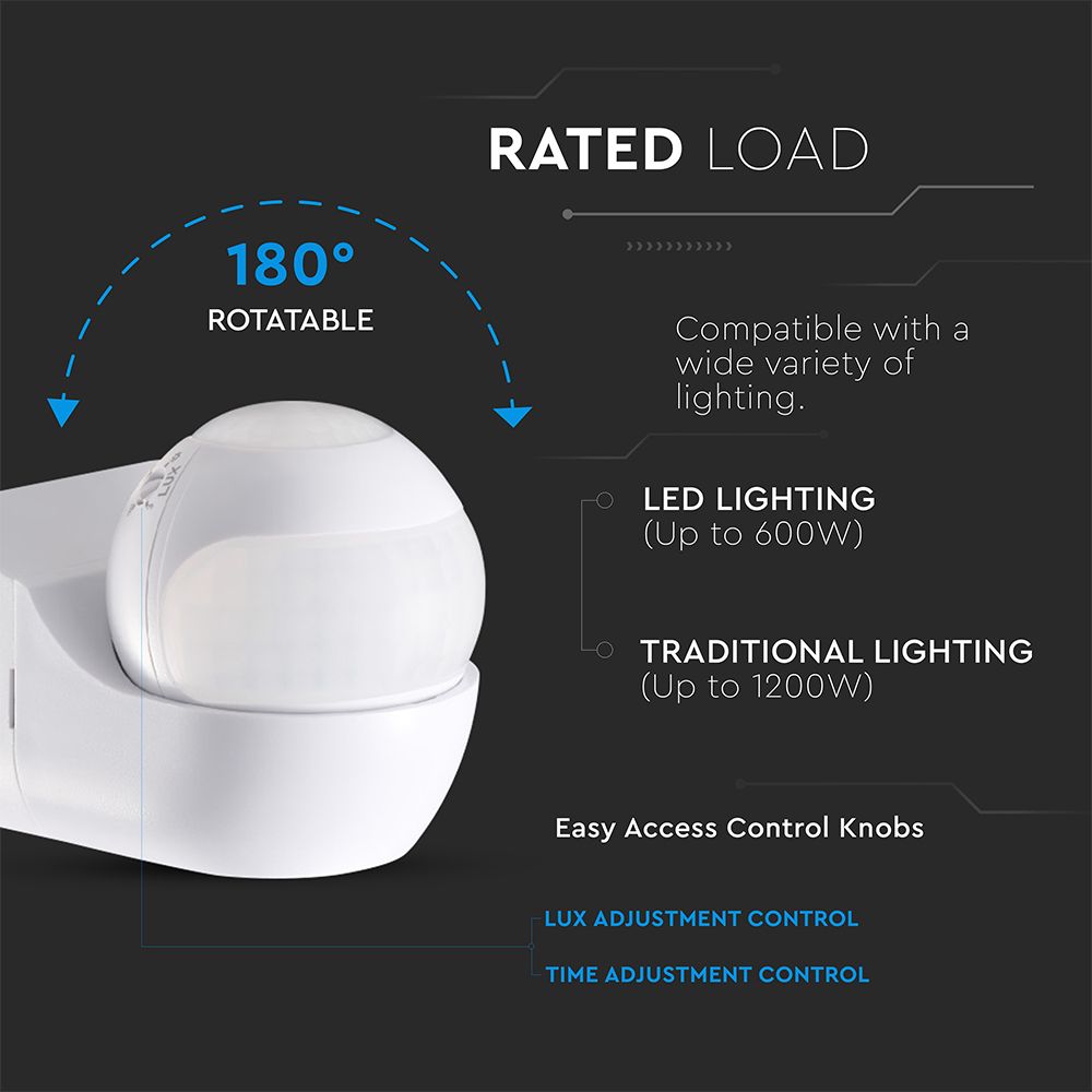 Επιτοίχιος Aνιχνευτής Kίνησης 180°/360° – IP44 Max 600W Λευκός V-TAC 24110VT