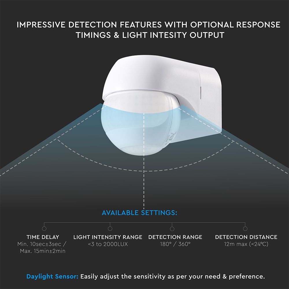 Επιτοίχιος Aνιχνευτής Kίνησης 180°/360° – IP44 Max 600W Λευκός V-TAC 24110VT