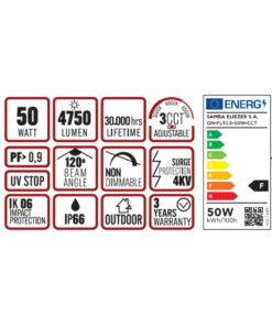 ΠΡΟΒΟΛΕΑΣ LED DOB 50W 3CCT(3000/4000/6500K) 180-265V 4750m 120° IP66 ΑΝΘΡΑΚΙ UNIVERSE UNIVERSE – 1-U016056