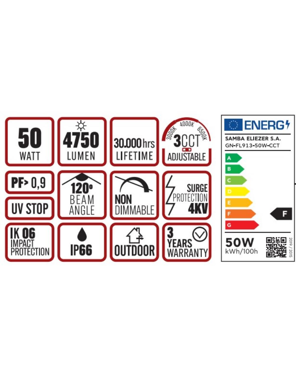 ΠΡΟΒΟΛΕΑΣ LED DOB 50W 3CCT(3000/4000/6500K) 180-265V 4750m 120° IP66 ΑΝΘΡΑΚΙ UNIVERSE UNIVERSE – 1-U016056