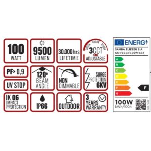 ΠΡΟΒΟΛΕΑΣ LED DOB 100W 3CCT(3000/4000/6500K) 180-265V 9500lm 120° IP66 ΑΝΘΡΑΚΙ UNIVERSE UNIVERSE – 1-U016063