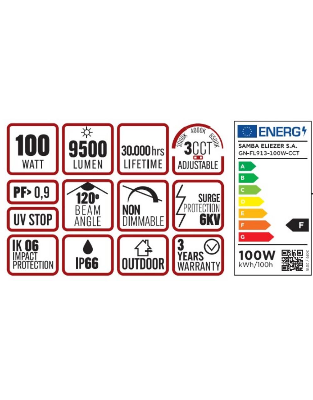 ΠΡΟΒΟΛΕΑΣ LED DOB 100W 3CCT(3000/4000/6500K) 180-265V 9500lm 120° IP66 ΑΝΘΡΑΚΙ UNIVERSE UNIVERSE – 1-U016063