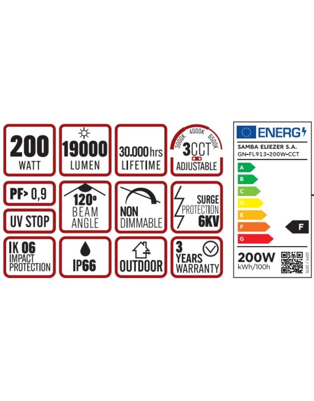 ΠΡΟΒΟΛΕΑΣ LED DOB 200W 3CCT(3000/4000/6500K) 180-265V 19000m 120° IP66 ΑΝΘΡΑΚΙ UNIVERSE UNIVERSE – 1-U016087