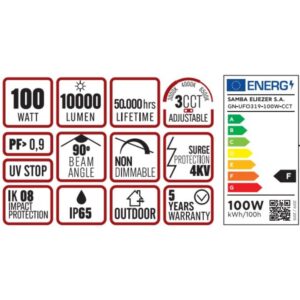 ΚΑΜΠΑΝΑ LED SMD PROFESSIONAL 100W 3CCT(3000/4000/6500K) 100-300V 10000lm 90° IP65 ΑΝΘΡΑΚΙ UNIVERSE UNIVERSE – 1-U016131