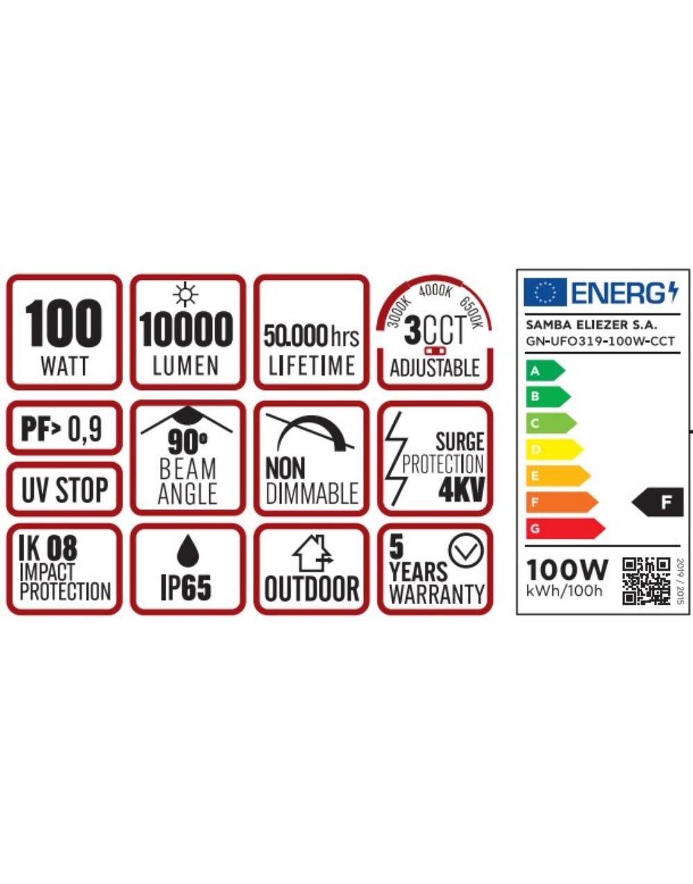 ΚΑΜΠΑΝΑ LED SMD PROFESSIONAL 100W 3CCT(3000/4000/6500K) 100-300V 10000lm 90° IP65 ΑΝΘΡΑΚΙ UNIVERSE UNIVERSE – 1-U016131