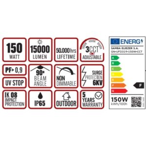 ΚΑΜΠΑΝΑ LED SMD PROFESSIONAL 150W 3CCT(3000/4000/6500K) 100-300V 15000lm 90° IP65 ΑΝΘΡΑΚΙ UNIVERSE UNIVERSE – 1-U016148
