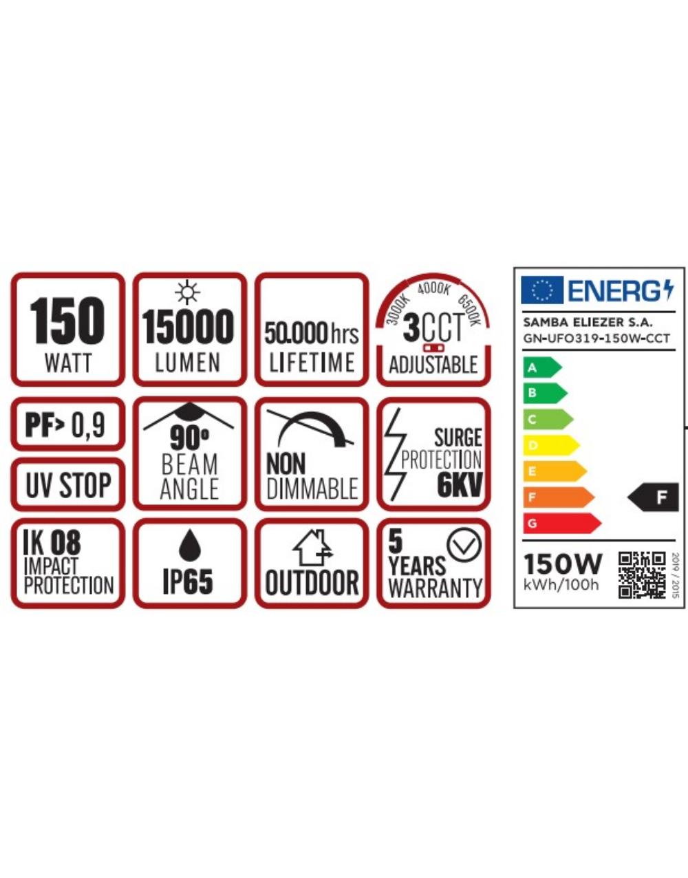 ΚΑΜΠΑΝΑ LED SMD PROFESSIONAL 150W 3CCT(3000/4000/6500K) 100-300V 15000lm 90° IP65 ΑΝΘΡΑΚΙ UNIVERSE UNIVERSE – 1-U016148