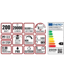 ΚΑΜΠΑΝΑ LED SMD PROFESSIONAL 200W 3CCT(3000/4000/6500K) 100-300V 20000lm 90° IP65 ΑΝΘΡΑΚΙ UNIVERSE UNIVERSE – 1-U016155