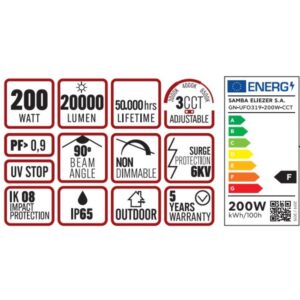 ΚΑΜΠΑΝΑ LED SMD PROFESSIONAL 200W 3CCT(3000/4000/6500K) 100-300V 20000lm 90° IP65 ΑΝΘΡΑΚΙ UNIVERSE UNIVERSE – 1-U016155
