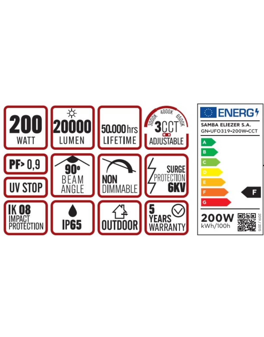 ΚΑΜΠΑΝΑ LED SMD PROFESSIONAL 200W 3CCT(3000/4000/6500K) 100-300V 20000lm 90° IP65 ΑΝΘΡΑΚΙ UNIVERSE UNIVERSE – 1-U016155