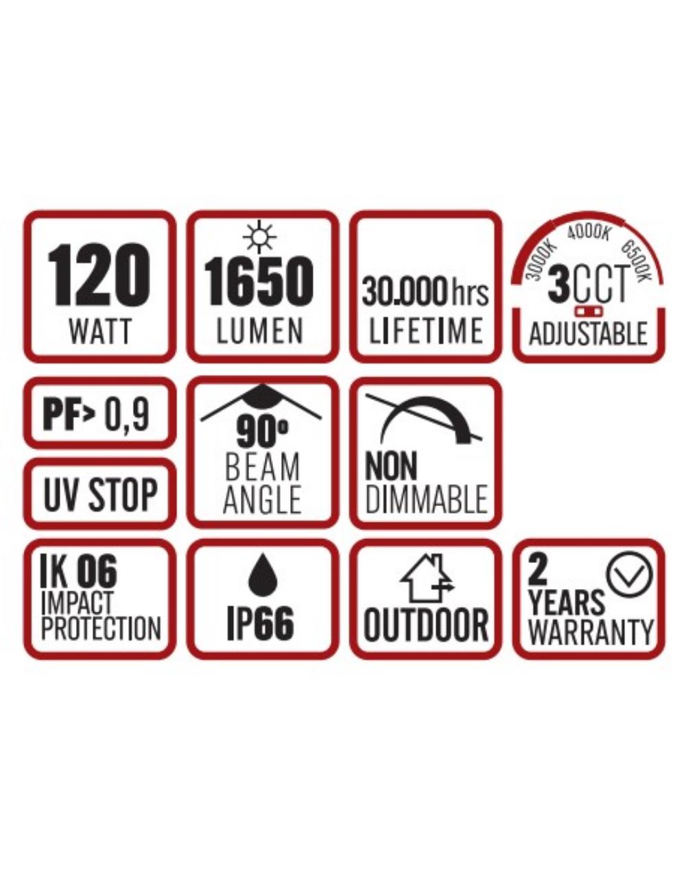ΠΡΟΒΟΛΕΑΣ LED ME ΗΛΙΑΚΟ ΠΑΝΕΛ SMD PROFESSIONAL 120W 3CCT(3000/4000/6500K) 1650lm 90° IP65 ΑΝΘΡΑΚΙ UNIVERSE UNIVERSE – 1-U016209