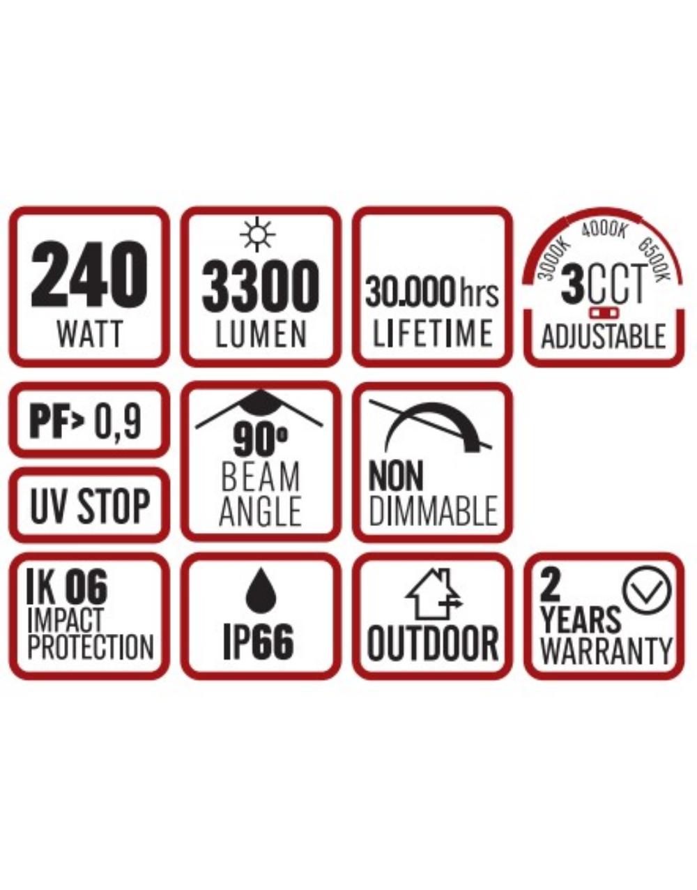 ΠΡΟΒΟΛΕΑΣ LED ME ΗΛΙΑΚΟ ΠΑΝΕΛ SMD PROFESSIONAL 240W 3CCT(3000/4000/6500K) 3300lm 90° IP65 ΑΝΘΡΑΚΙ UNIVERSE UNIVERSE – 1-U016216