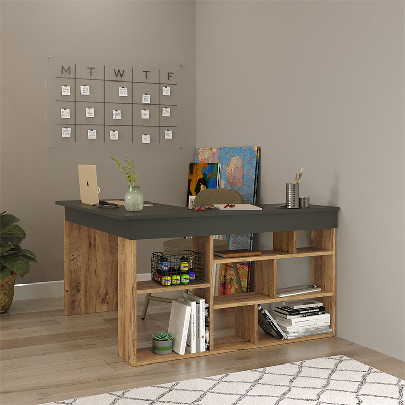 Γραφείο γωνιακό Rosaline pakoworld ανθρακί-oak 120x129x72εκ – 176-000024