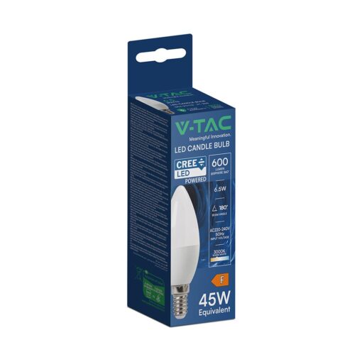 LED Λάμπα E14 6.5W Κεράκι V-TAC Cree Chip 200° 600lm 3000K 6yrs Wty – 2111116