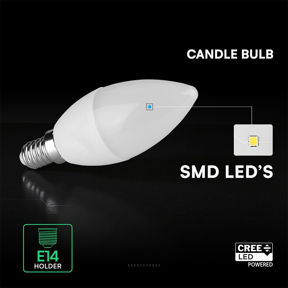 LED Λάμπα E14 6.5W Κεράκι V-TAC Cree Chip 200° 600lm 3000K 6yrs Wty – 2111116