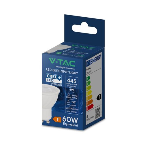 LED Λάμπα Spot GU10 V-TAC Cree Chip 6W 445lm 110° Θερμό Λευκό 3000K 6yrs Wty – 211926
