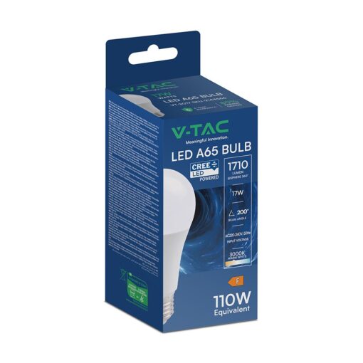 LED Λάμπα E27 A65 17W V-TAC CREE Chip 1710lm Θερμο Λευκό 3000K 6yrs Wty – 2144566