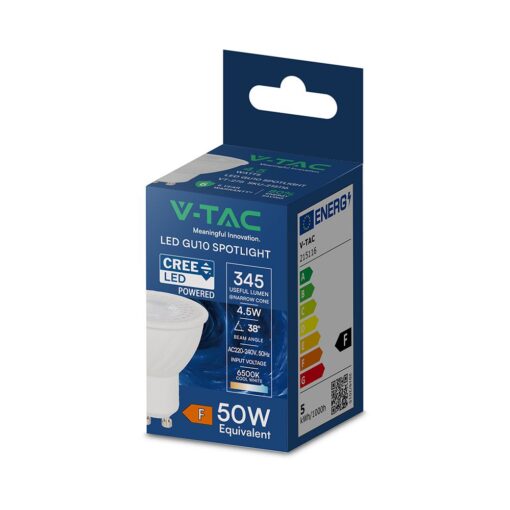 LED Λάμπα Spot GU10 V-TAC Cree Chip 6yrs Wty 4.5W 345lm 38° Ψυχρό Λευκό 6500K – 215116